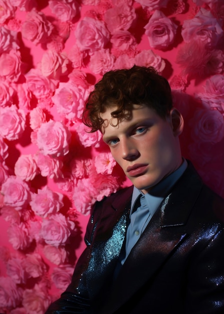 Free photo side view young man posing with flowers