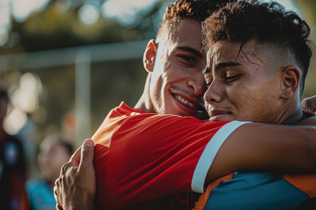 Side view young men hugging