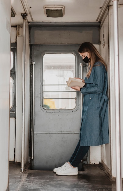 Sideways passenger in the train reading