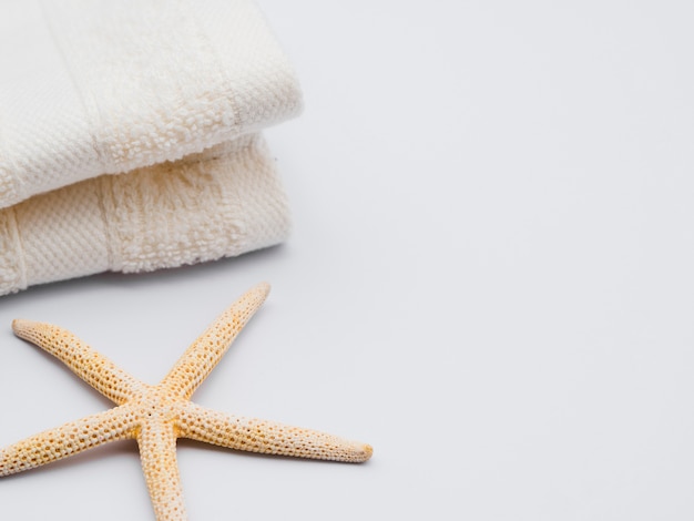 Sideways seastar and towels with copy space