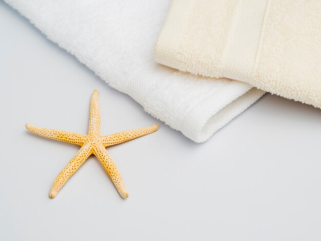 Sideways seastar next to towels