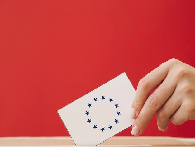 Free photo sideways woman putting an european ballot in a box