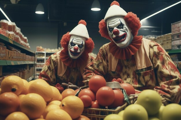 Вид ужасающего клоуна в продуктовом магазине