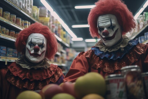 Вид ужасающего клоуна в продуктовом магазине