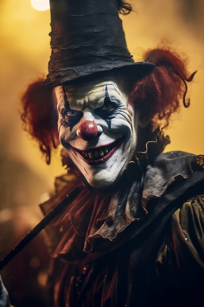 Вид ужасающего клоуна с пугающим макияжем