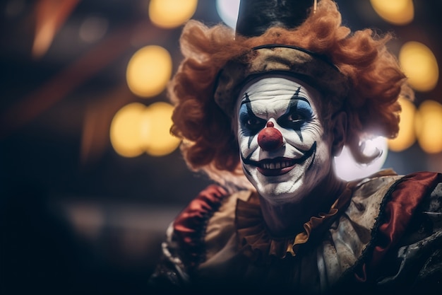 Foto gratuita la vista di un clown spaventoso con un trucco spaventoso