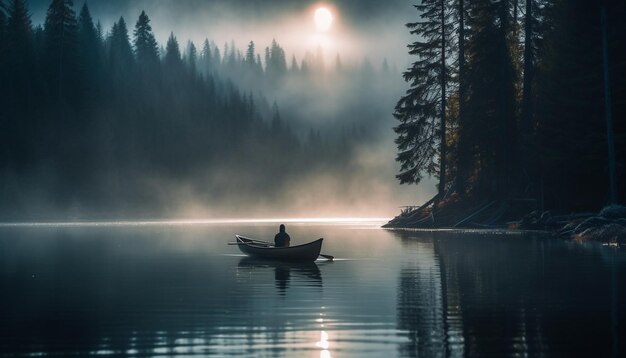 Silent fisherman rows canoe in tranquil pond generative AI