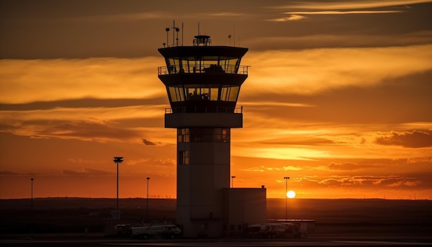 Free photo silhouette of air vehicle back lit by orange sunset sky generated by ai