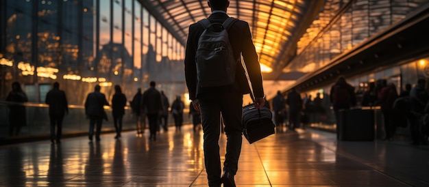 Foto gratuita siluetta dell'uomo d'affari che cammina nell'aeroporto all'ora del tramonto