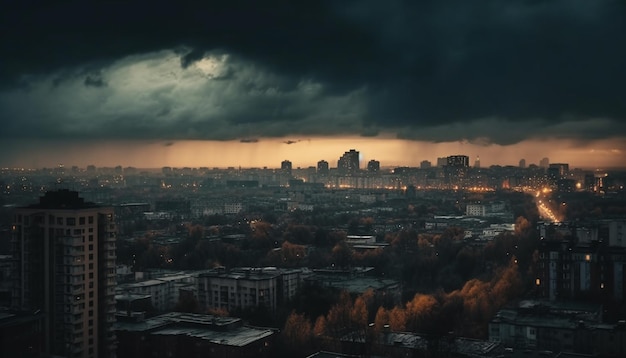 Foto gratuita sagoma dello skyline della città retroilluminata dal tramonto generato dall'intelligenza artificiale