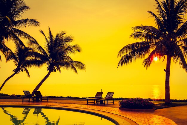 Silhouette coconut palm tree with swimming pool