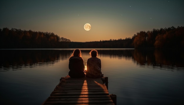 Free photo silhouette couple sitting on jetty enjoying sunset generated by ai