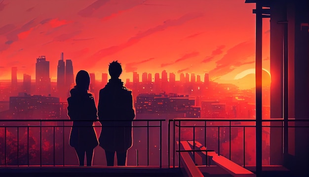 Foto gratuita sagoma coppia in piedi paesaggio urbano tramonto grattacielo skyline generativo ai