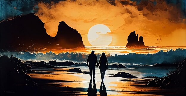 Silhouette of couple standing watching tranquil sunset generative AI