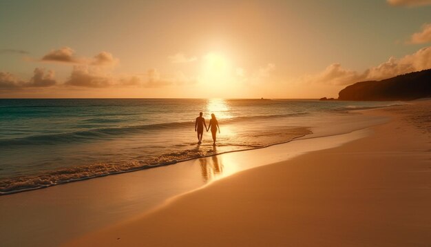 Silhouette couple walking waters edge at sunset generated by AI