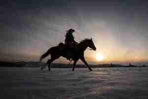 Foto gratuita silhouette di cowgirl su un cavallo