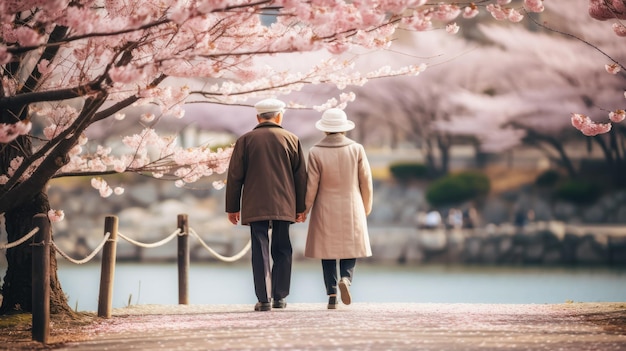 Silhouette of an elderly couple walking in a spring park admiring the awakening nature