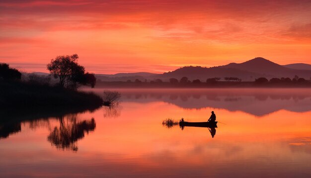 Free photo silhouette of fisherman rowing in tranquil pond generated by ai