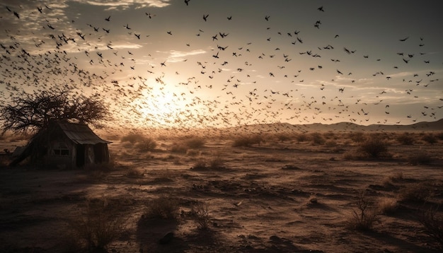 Free photo silhouette of flying animal in dusty african sunset generated by ai