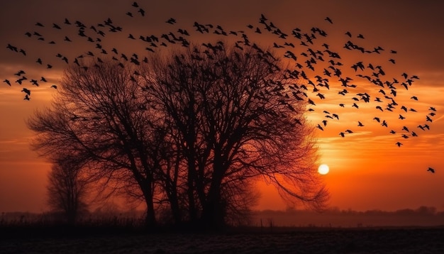 Foto gratuita silhouette di grandi animali che volano al tramonto generati dall'intelligenza artificiale