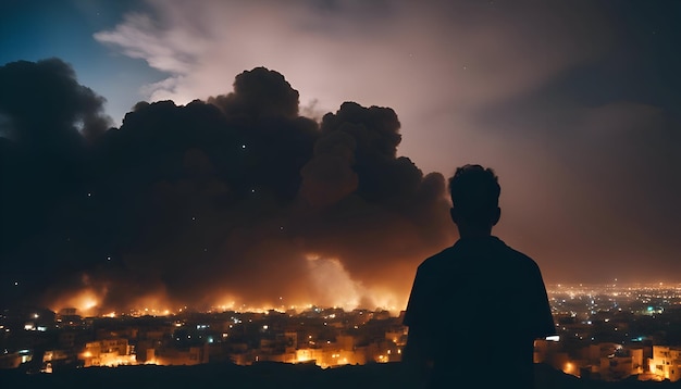 Foto gratuita silhouette di un uomo sullo sfondo di un enorme incendio in città