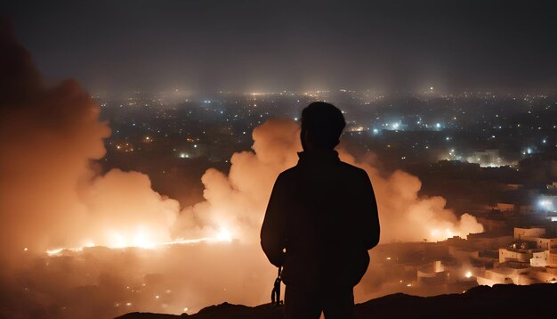 Foto gratuita silhouette di un uomo che guarda la città di notte