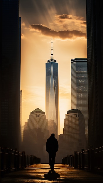 Силуэт человека, смотрящего на здания Нью-Йорка