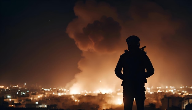 Foto gratuita silhouette di un uomo in uniforme militare in piedi sullo sfondo della città notturna