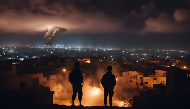 Foto gratuita silhouette di un uomo e una donna che guardano la città di notte