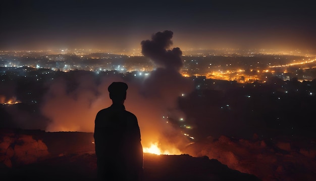 無料写真 夜に火山の頂上に立っている男のシルエット