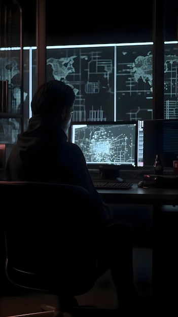 무료 사진 어두운 밤에 컴퓨터에서 일하는 여성의 실루 ⁇