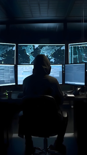 Бесплатное фото Силуэт хакера перед мониторами в темной комнате