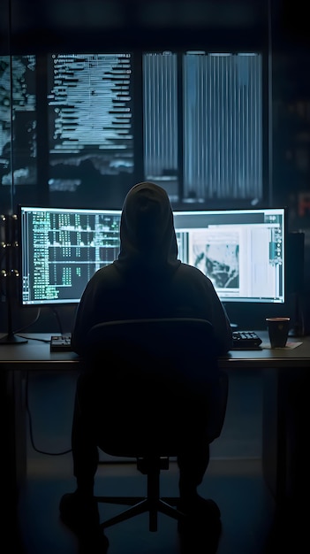 Бесплатное фото Силуэт хакера в капюшоне, крадущего данные с монитора компьютера