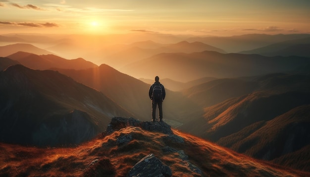Free photo silhouette of one person hiking mountain peak generated by ai