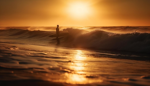 Free photo silhouette of one person surfing at sunset generated by ai