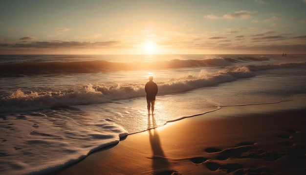 Silhouette of one person surfing at sunset generated by AI