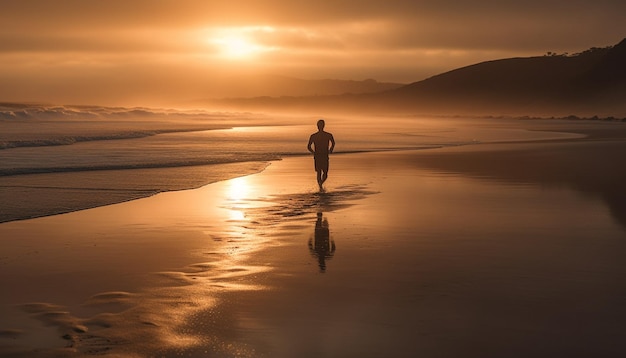 Free photo silhouette of one person walking on beach generated by ai