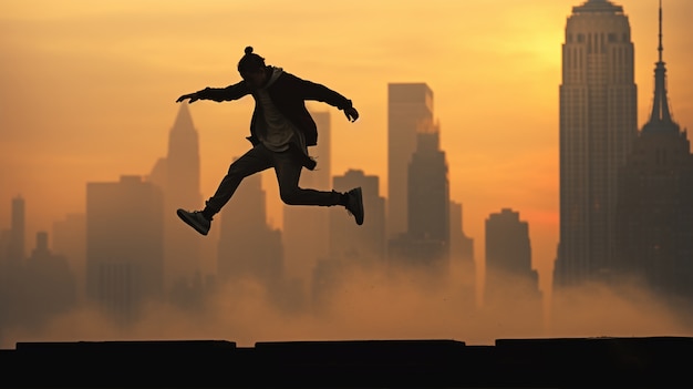 Silhouette of person jumping on building top in nyc