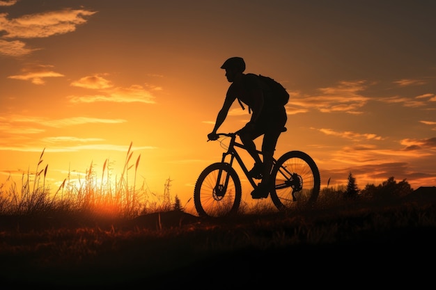 Silhouette of person riding bike at sunset