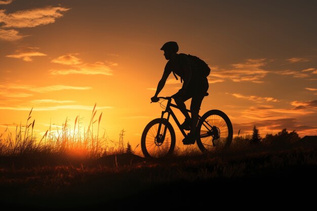 Silhouette of person riding bike at sunset