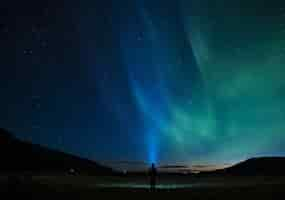 Free photo silhouette of person standing under aurora night sky