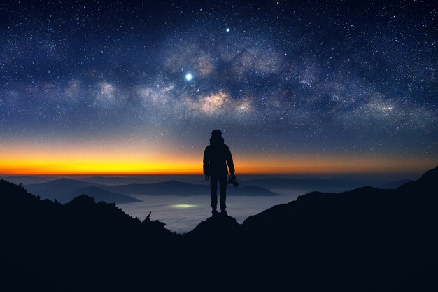 Silhouette of photographer with camera and milky way blackground.