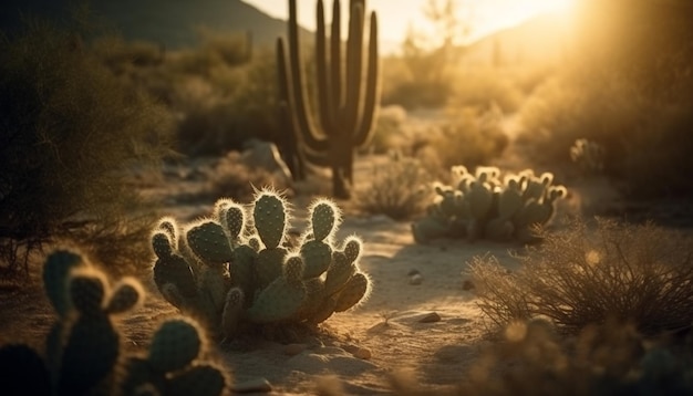 Silhouette of saguaro cactus back lit by sunset generated by AI