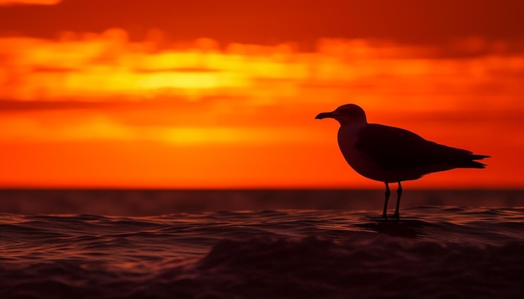 Free Photo silhouette of seagull flying over tranquil waters generated by ai
