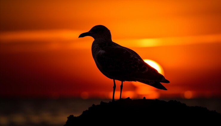 Free Photo silhouette of seagull standing on orange coastline generated by ai