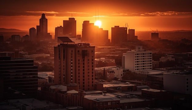 Free photo silhouette of skyscrapers against a panoramic sunset generated by ai