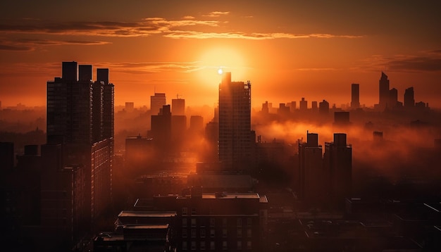 Silhouette skyscrapers illuminate city skyline at dusk generated by AI