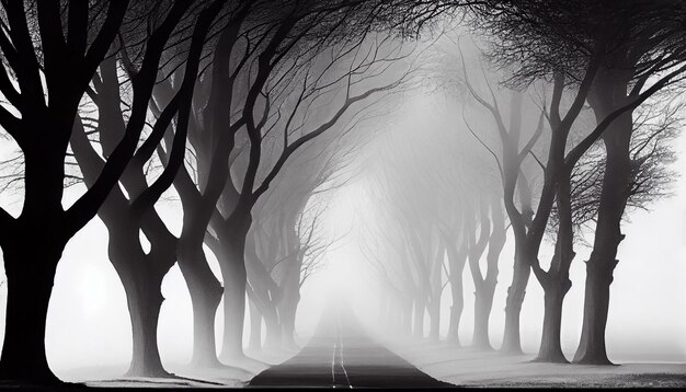 霧の夜の不気味な木のシルエット生成 AI