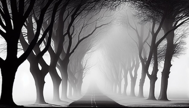 Силуэт жуткого дерева в туманной ночи, генеративный ИИ