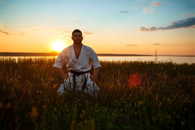 Silhouette of sportive man training karate in field at sunrise.